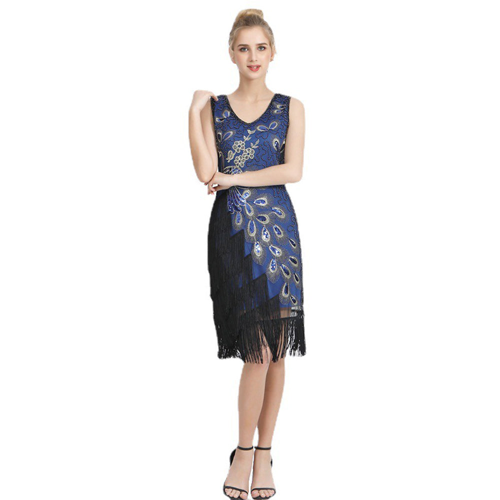 Plus Size Double V Neck 1920s Peacock Pattern Sequin Mini Dress Retro Sequin Fringe Skirt Dress Prom Party Evening Dress