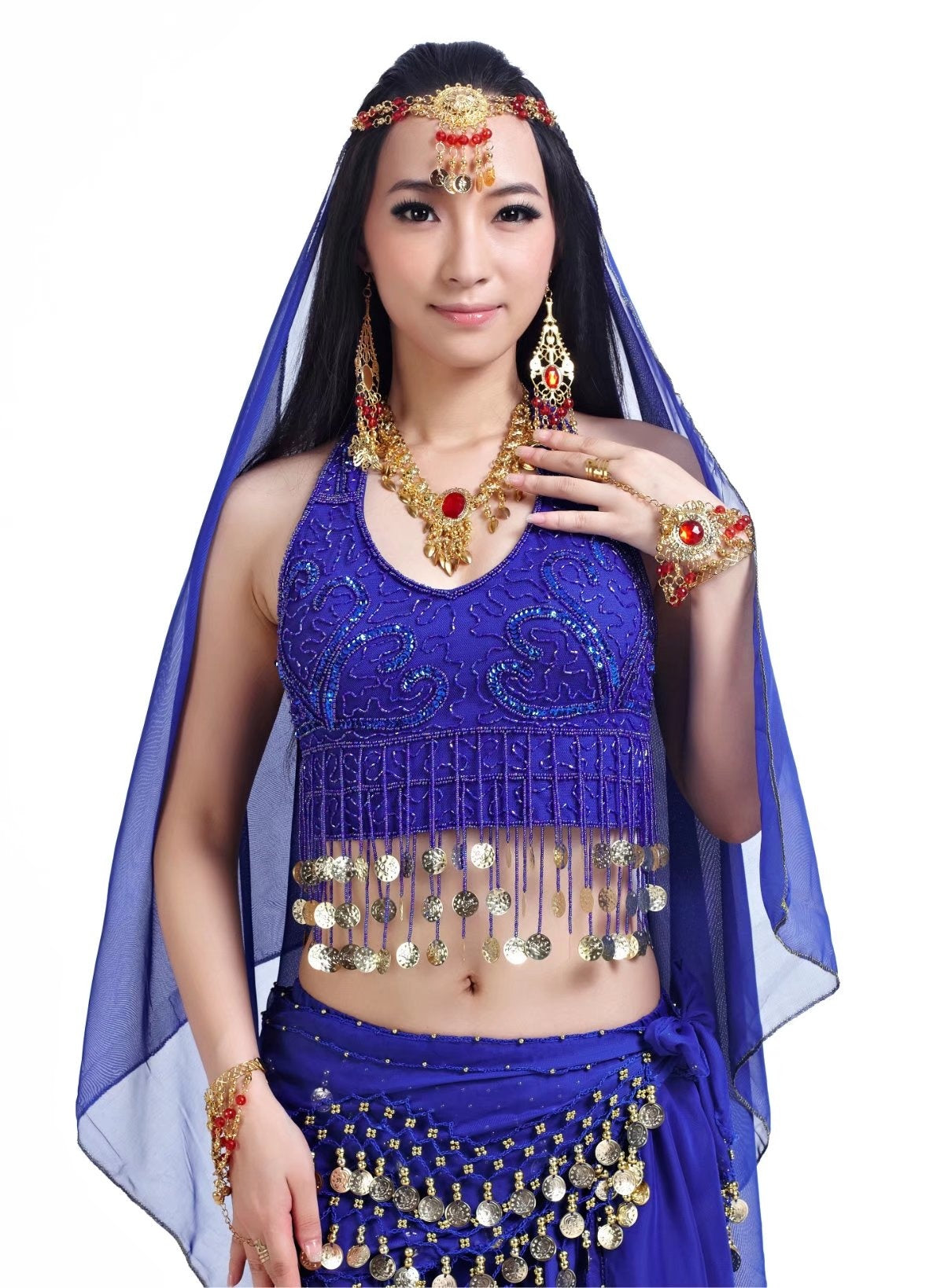 5 Pcs 5 Flower Printed Chiffon Women Belly Dance Costumes, Fashion Ladies Belly Dancing Girls, Indian Dance Costumes