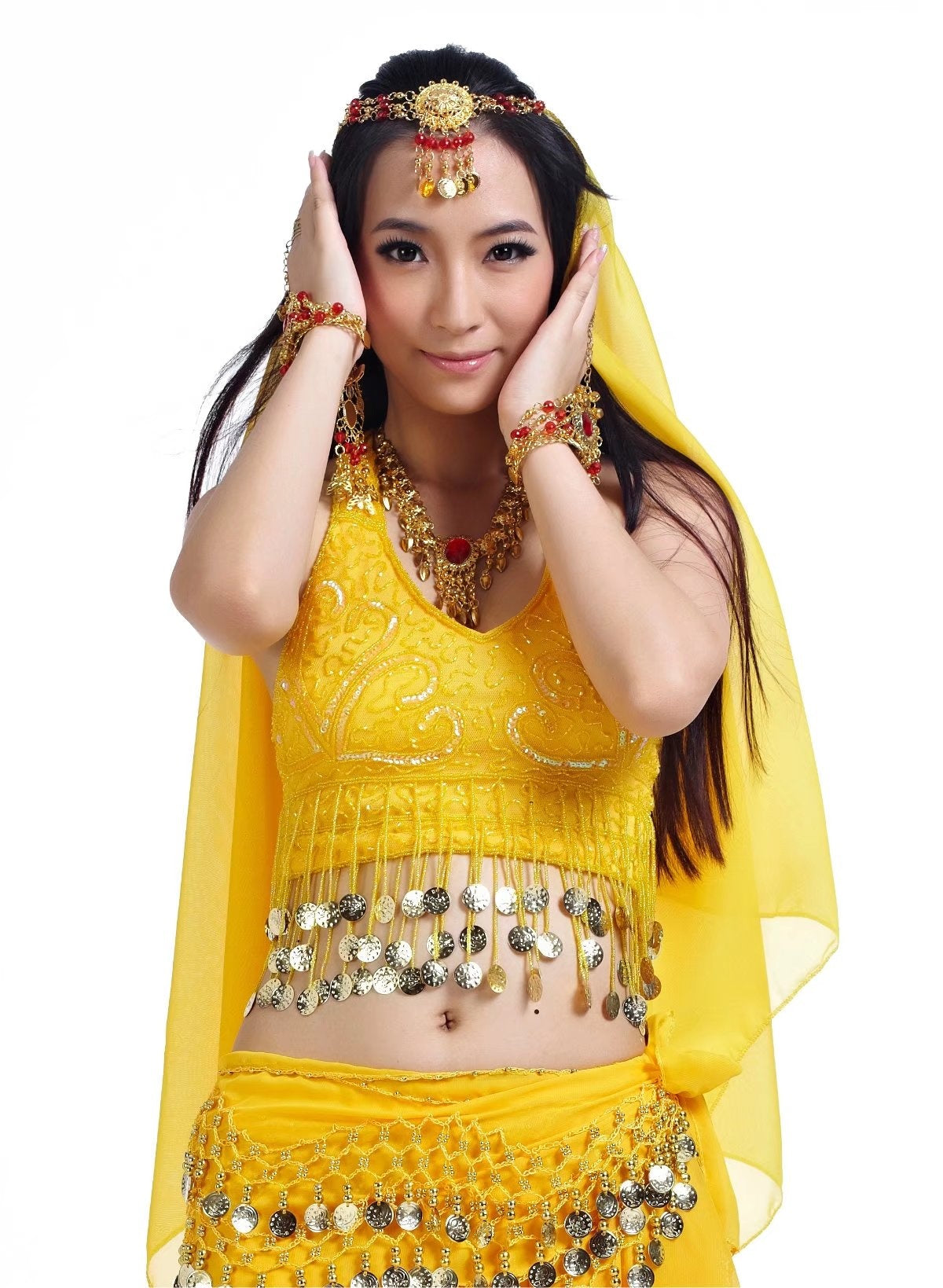 5 Pcs 5 Flower Printed Chiffon Women Belly Dance Costumes, Fashion Ladies Belly Dancing Girls, Indian Dance Costumes