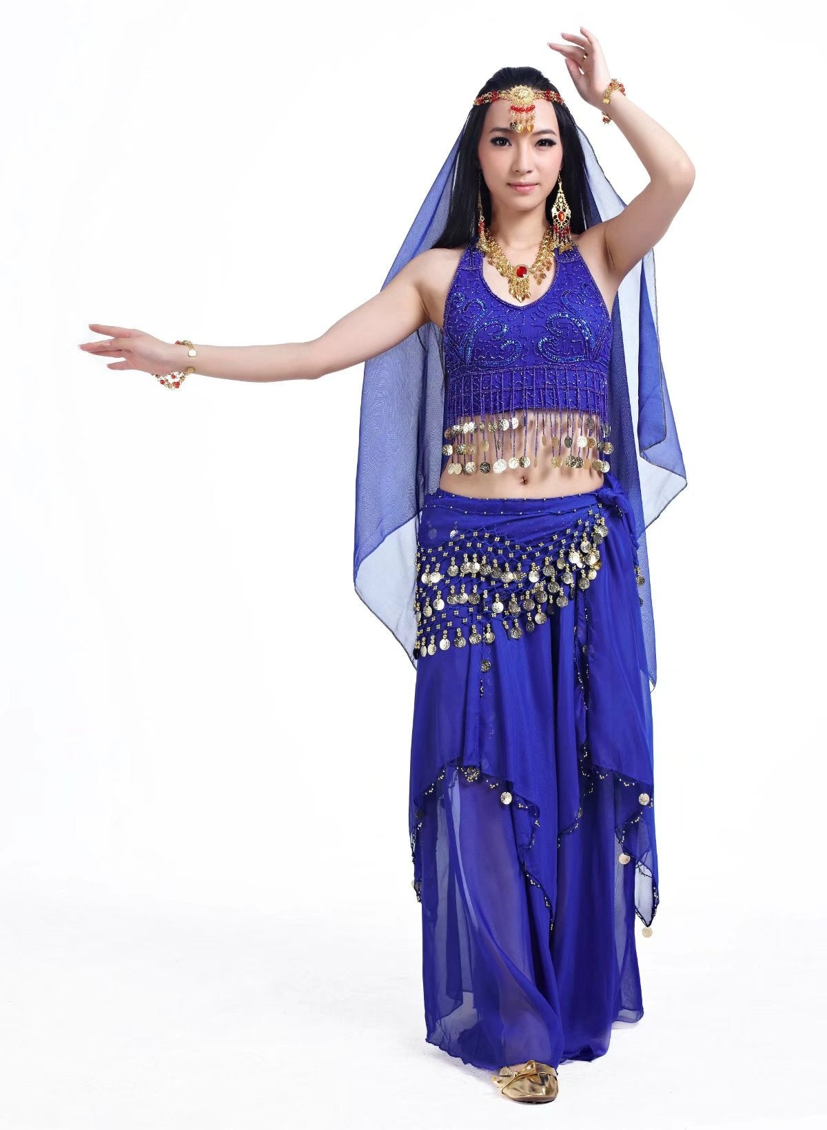 5 Pcs 5 Flower Printed Chiffon Women Belly Dance Costumes, Fashion Ladies Belly Dancing Girls, Indian Dance Costumes