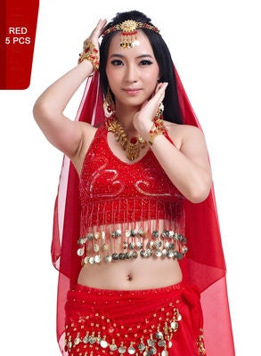 5 Pcs 5 Flower Printed Chiffon Women Belly Dance Costumes, Fashion Ladies Belly Dancing Girls, Indian Dance Costumes