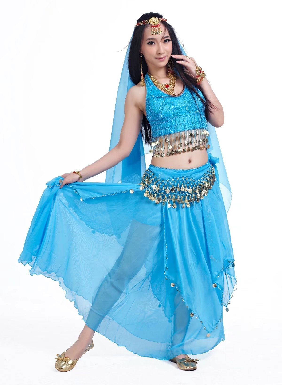 5 Pcs 5 Flower Printed Chiffon Women Belly Dance Costumes, Fashion Ladies Belly Dancing Girls, Indian Dance Costumes