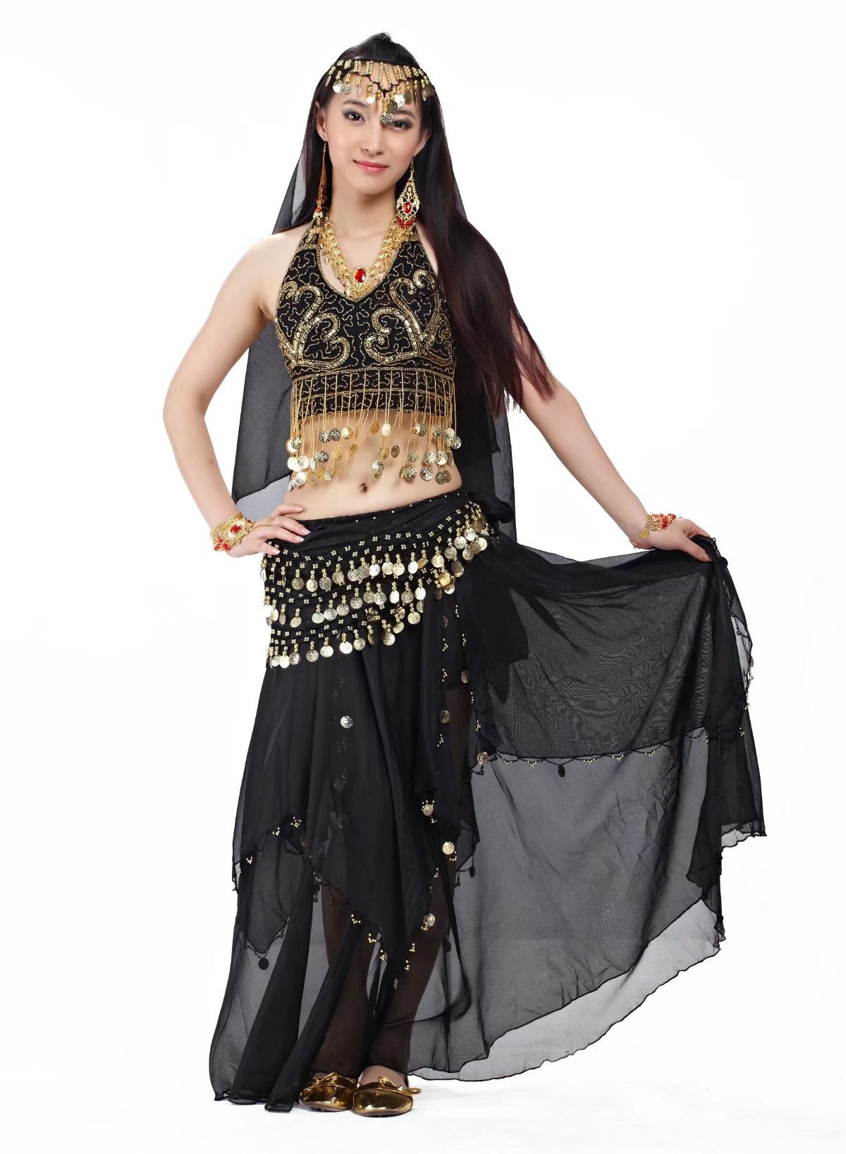 5 Pcs 5 Flower Printed Chiffon Women Belly Dance Costumes, Fashion Ladies Belly Dancing Girls, Indian Dance Costumes