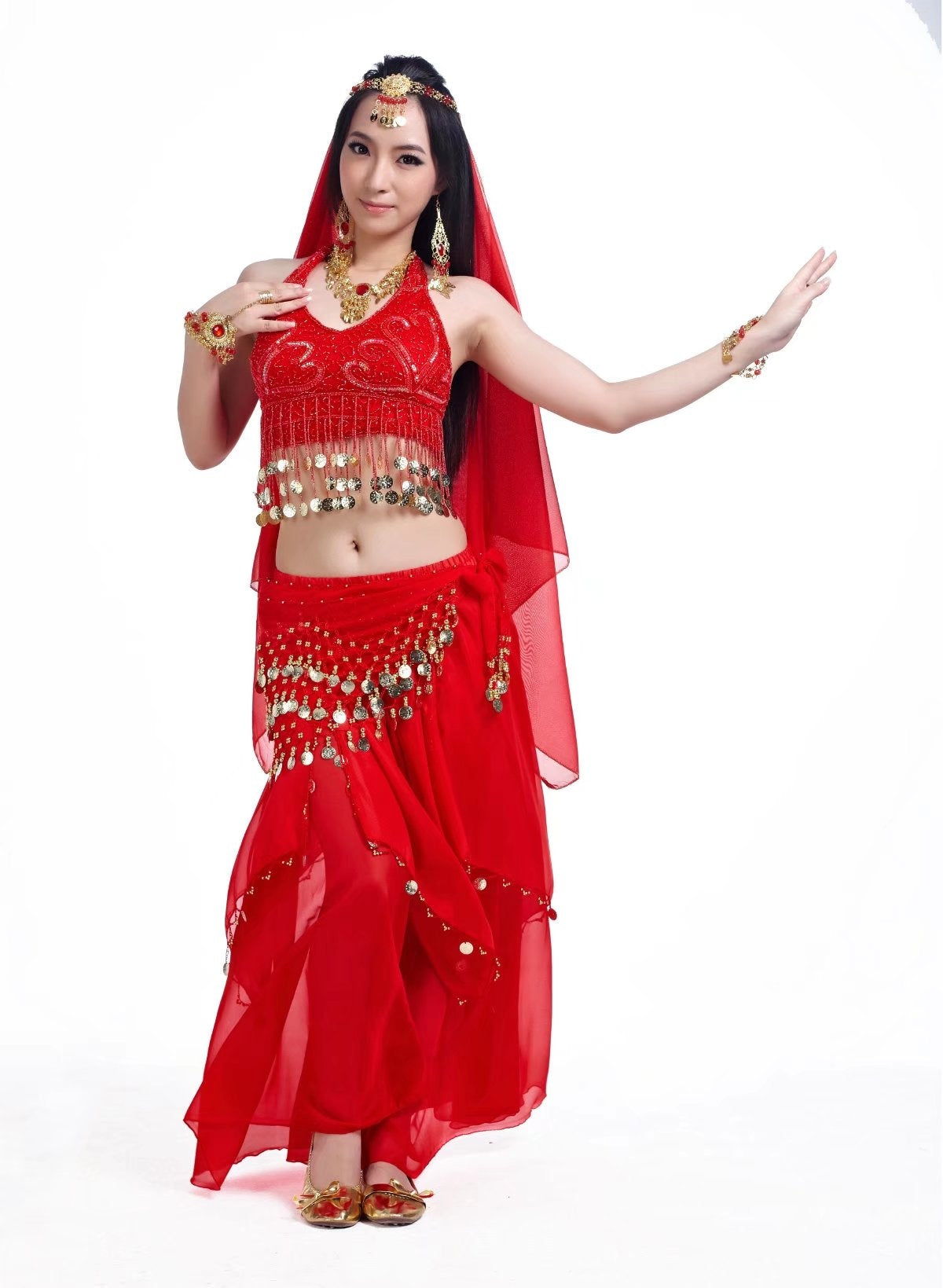 5 Pcs 5 Flower Printed Chiffon Women Belly Dance Costumes, Fashion Ladies Belly Dancing Girls, Indian Dance Costumes