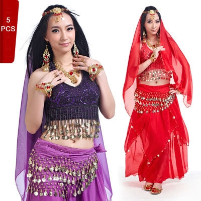 5 Pcs 5 Flower Printed Chiffon Women Belly Dance Costumes, Fashion Ladies Belly Dancing Girls, Indian Dance Costumes