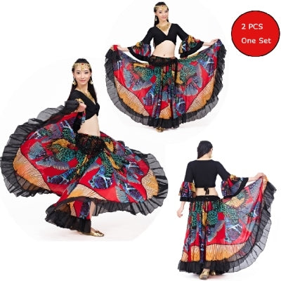 2023 90CM/96CM((35.4 inch/37.8 inch) Chiffon Flower Print  Huge Skirt Swing Dress Belly Dance Skirt Gypsy skirt, 1 Coat +1 Skirt