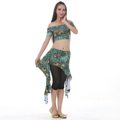 Milk Silk Square-Shoulder Peacock Pattern Printed Dress, Light Weight Belly Dance Waist Skirt, Traning Suit, Belly dance Hip Bandage, Practice Dress 3 PCS