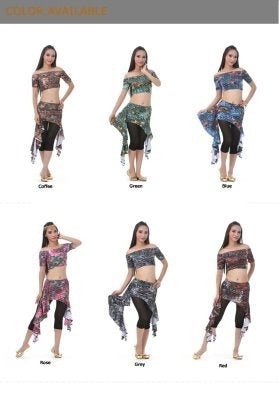 Milk Silk Square-Shoulder Peacock Pattern Printed Dress, Light Weight Belly Dance Waist Skirt, Traning Suit, Belly dance Hip Bandage, Practice Dress 3 PCS