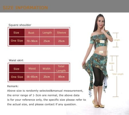 Milk Silk Square-Shoulder Peacock Pattern Printed Dress, Light Weight Belly Dance Waist Skirt, Traning Suit, Belly dance Hip Bandage, Practice Dress 3 PCS