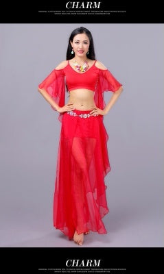 SHOWYOU Costumes de danse du ventre, robe de danse orientale, jupe de danse orientale, 4 pièces sortie supérieure/jupe/écharpe de taille/sous-vêtements sûrs