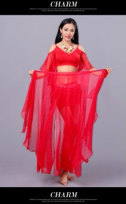 SHOWYOU Costumes de danse du ventre, robe de danse orientale, jupe de danse orientale, 4 pièces sortie supérieure/jupe/écharpe de taille/sous-vêtements sûrs