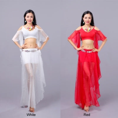 SHOWYOU Costumes de danse du ventre, robe de danse orientale, jupe de danse orientale, 4 pièces sortie supérieure/jupe/écharpe de taille/sous-vêtements sûrs