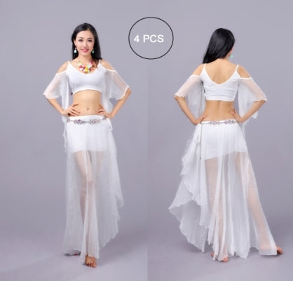 SHOWYOU Costumes de danse du ventre, robe de danse orientale, jupe de danse orientale, 4 pièces sortie supérieure/jupe/écharpe de taille/sous-vêtements sûrs