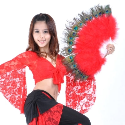 SHOWYOU 68x35cm 9 Colors 100% Feather Belly Dance Peacock Fans Belly Dance Prop Stage Activities Tools