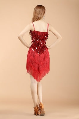 SHOWYOU Costumes de Danse CLatin Professionnels et Sexy 5 Couleurs, Costumes de Performance d'automne pour Adultes pour Femmes, Jupe de Robe Latine à Pompons