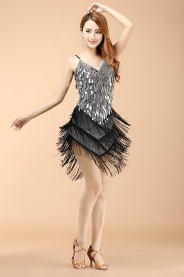 SHOWYOU Costumes de Danse CLatin Professionnels et Sexy 5 Couleurs, Costumes de Performance d'automne pour Adultes pour Femmes, Jupe de Robe Latine à Pompons