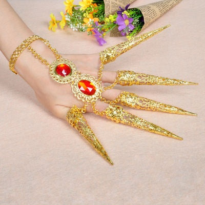 Women Belly Dance Gypsy Egyptian Indian Gold Bracelet with Finger Nails