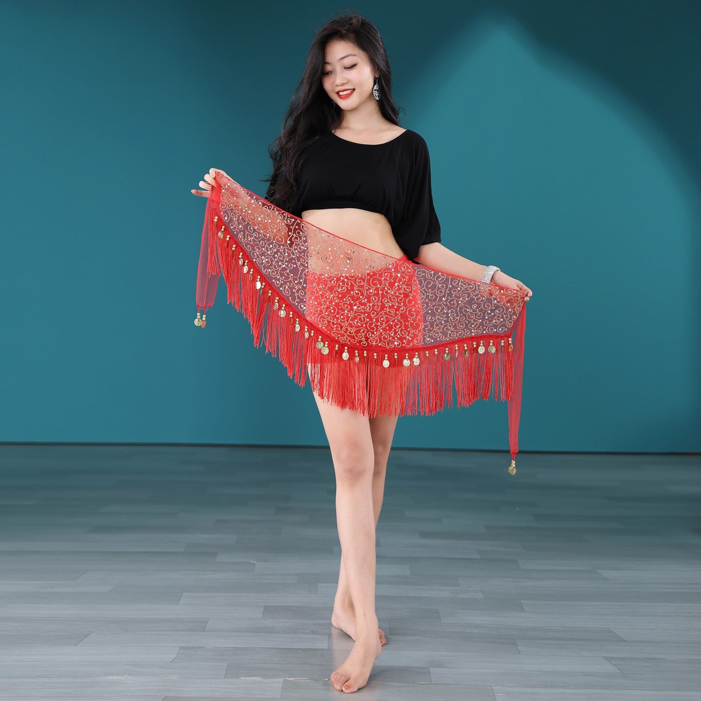 2023 Belly Dance Practice Hip Scarf Triangle Scarf Beads Embroidery Tassel Waist Belt