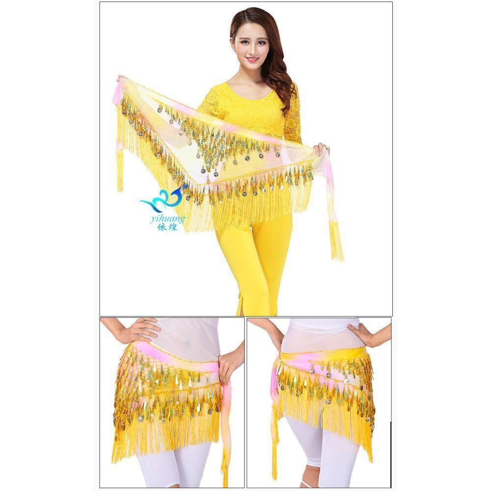 2023 Belly dance sequin triangle scarf tassel waist scarf practice hip scarf sequin triangle scarf Indian dance performance waist chain