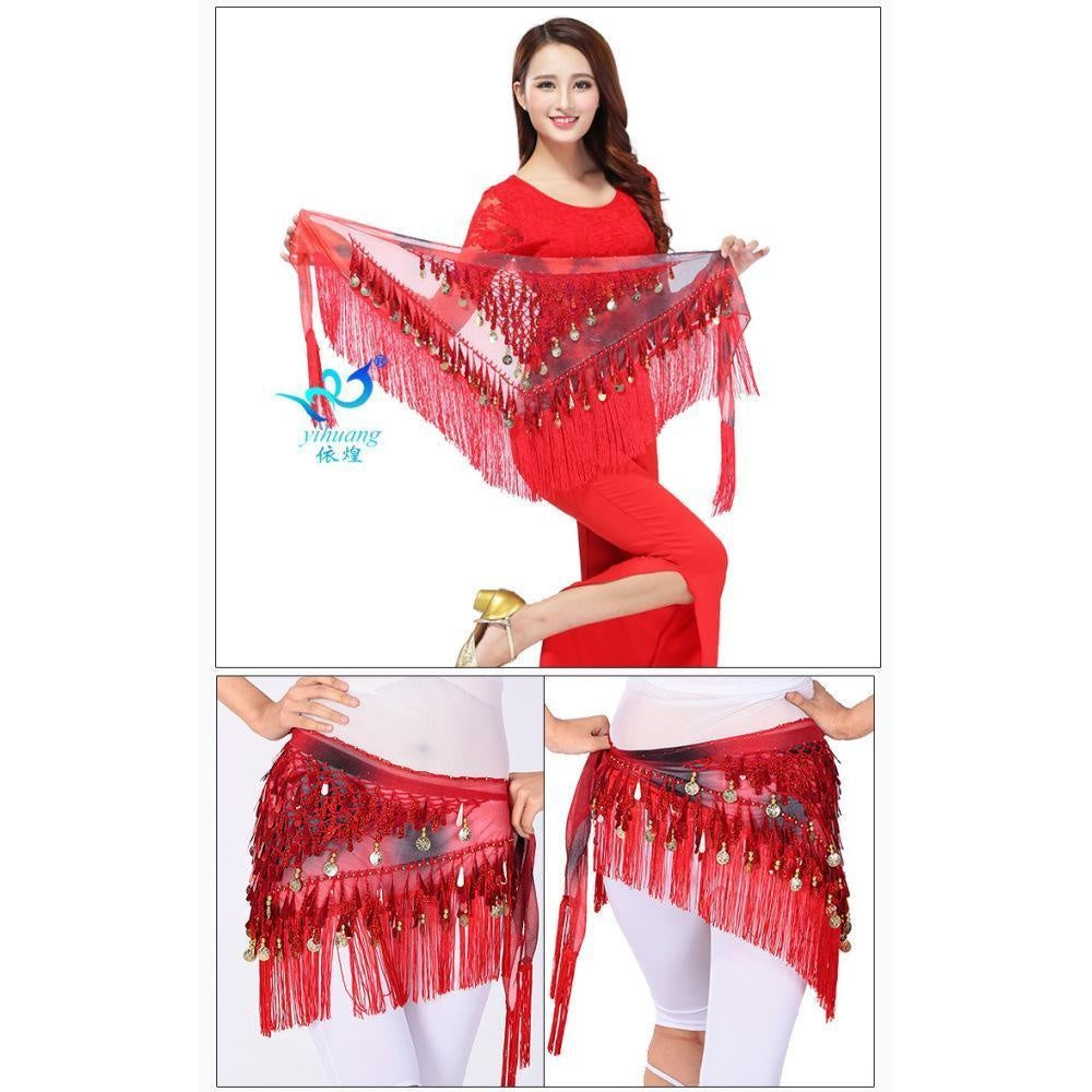 2023 Belly dance sequin triangle scarf tassel waist scarf practice hip scarf sequin triangle scarf Indian dance performance waist chain