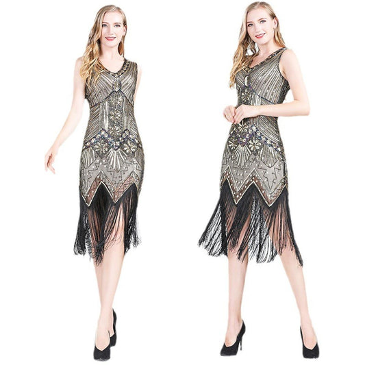 1920s Retro Sequin Tassel Skirt Party Dance Dress Host Sequin Skirt Toast Party Dance Skirt Small Evening Dress