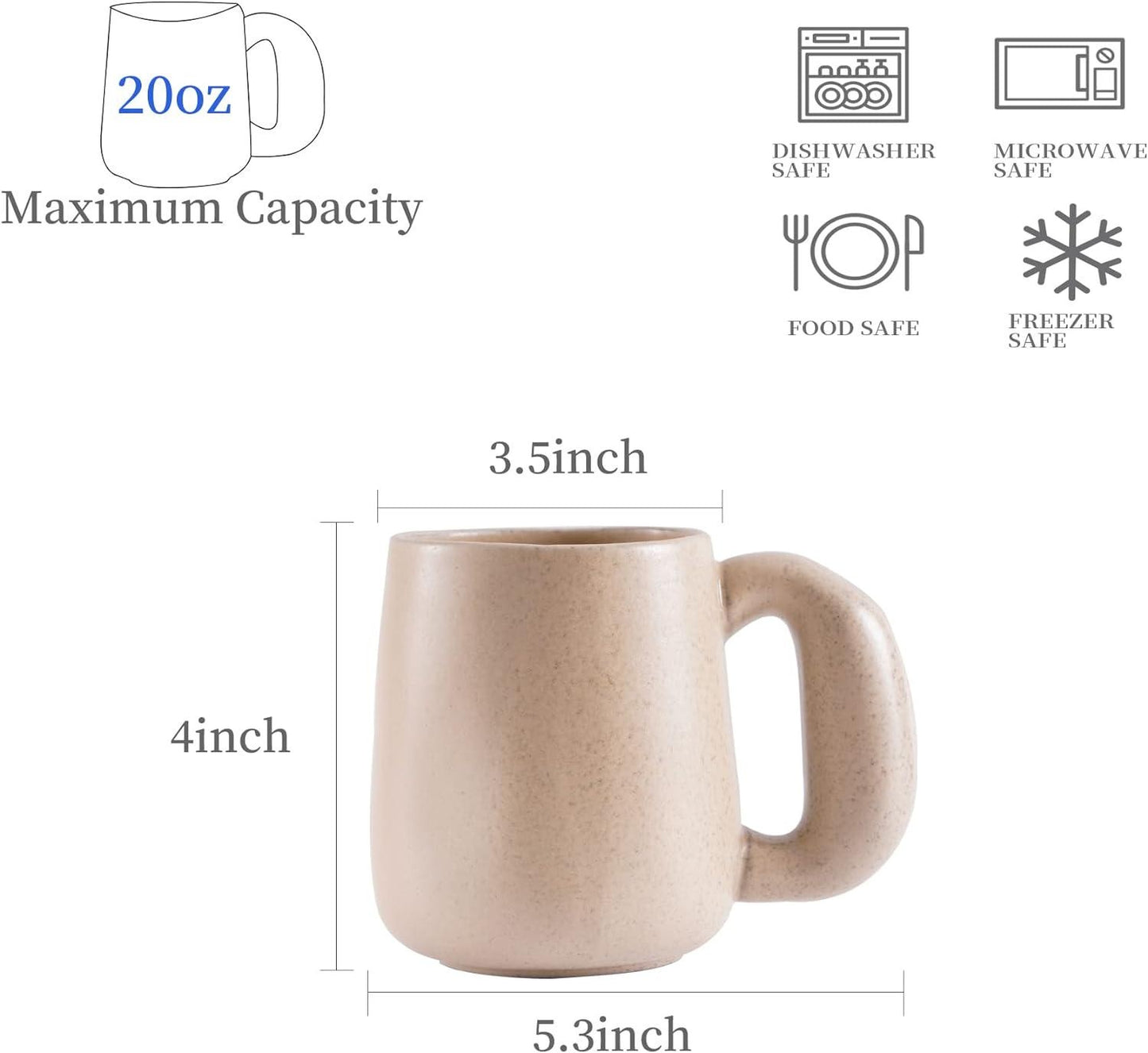 Grande tasse à café en poterie, ensemble de tasses à latte, grande tasse à thé, tasses faites à la main avec poignée Jumbo, lot de 2, 20oz