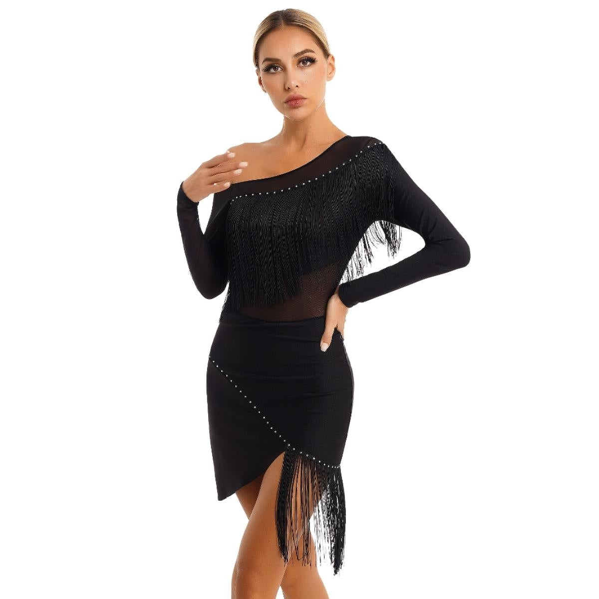 Women National Ballroom Fringed Tango Samba Dance Dress Mesh Long Sleeve Latin Dance Performance Dress