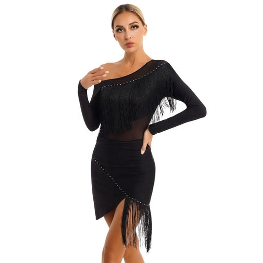 Women National Ballroom Fringed Tango Samba Dance Dress Mesh Long Sleeve Latin Dance Performance Dress