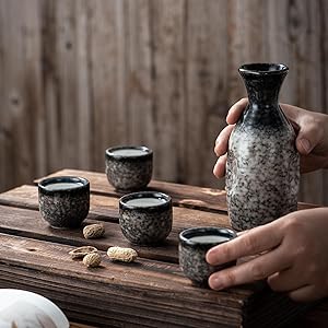 Japanese Sake Set Sake Cups Tokkuri Bottle 10oz 1PC and Ochoko Cups 1.7oz 4PCS Stoneware Mother's Day Gift (Emerald Green)