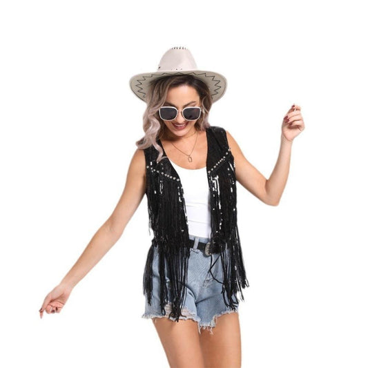 Spring/Summer Vest Sequined Vest Western Cowboy Style Cardigan Vest for Women