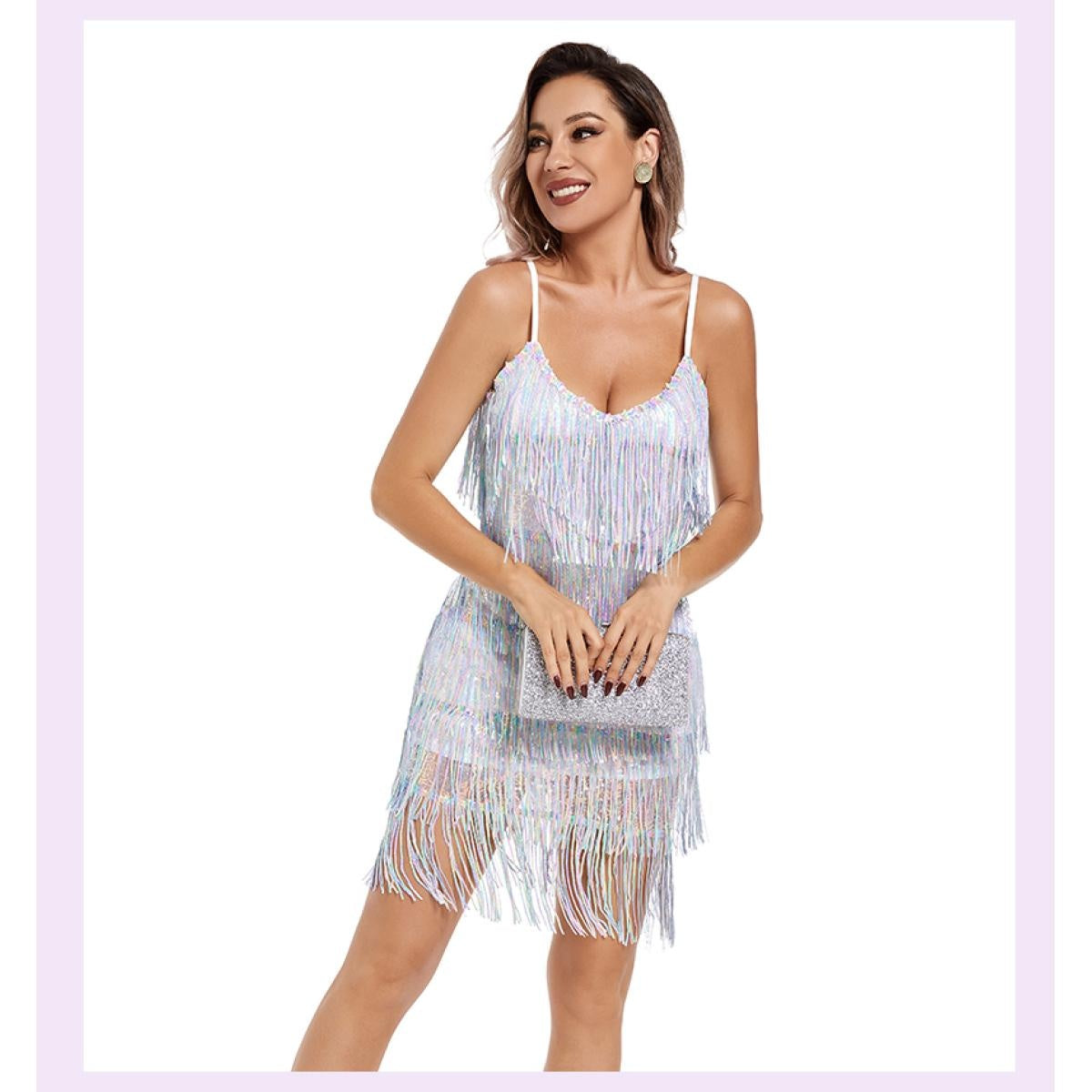 Sexy Fashion Latin Dance Dress Women Fringed Costume Latin Ballroom Tango Salsa Sleeveless Sequin Evening Dress