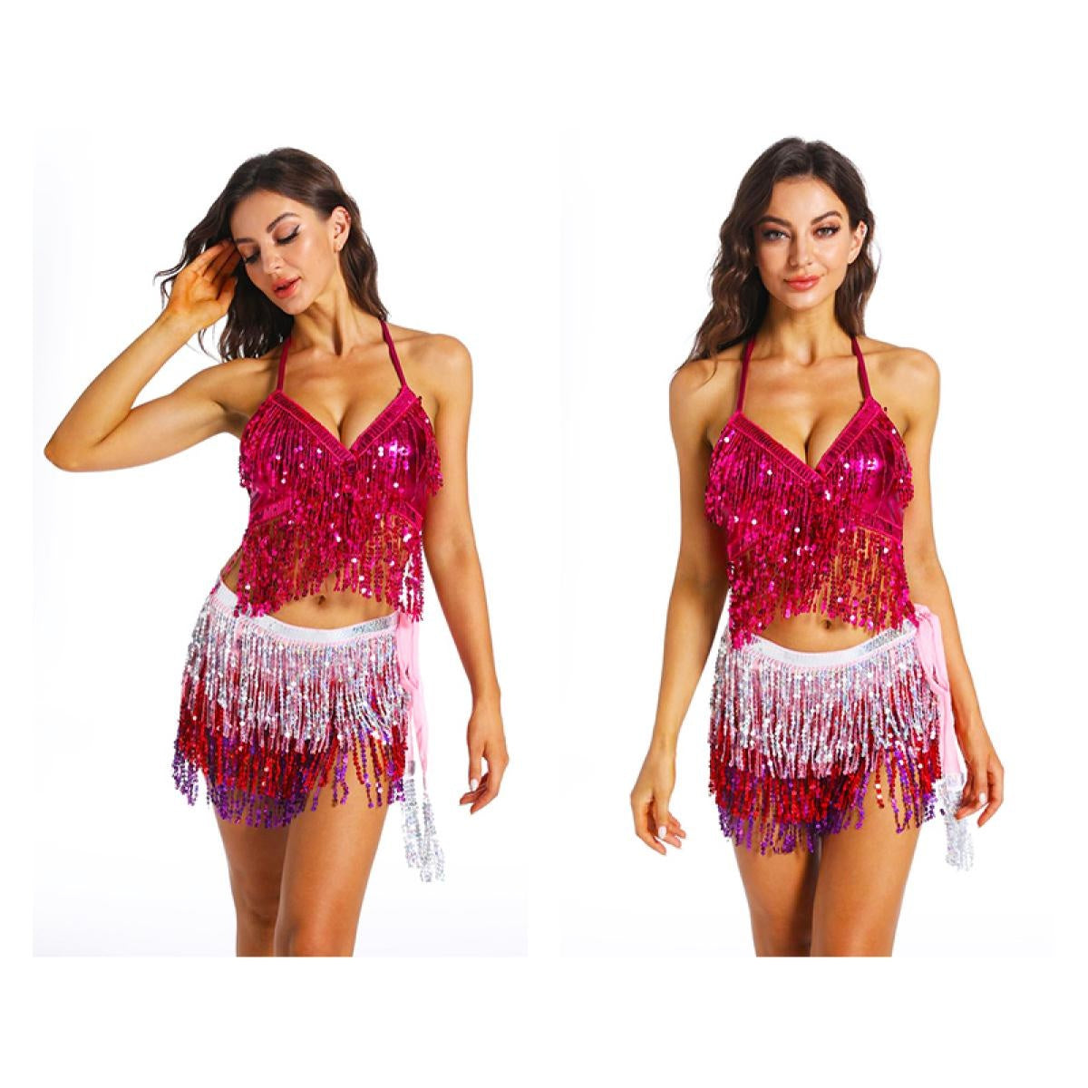 Sequins Top Belly Dancing Hip Scarf Fringe Oriental Dance Scarf Belt Costumes Indian Outfits Bra Belts 1 Set Performance Women