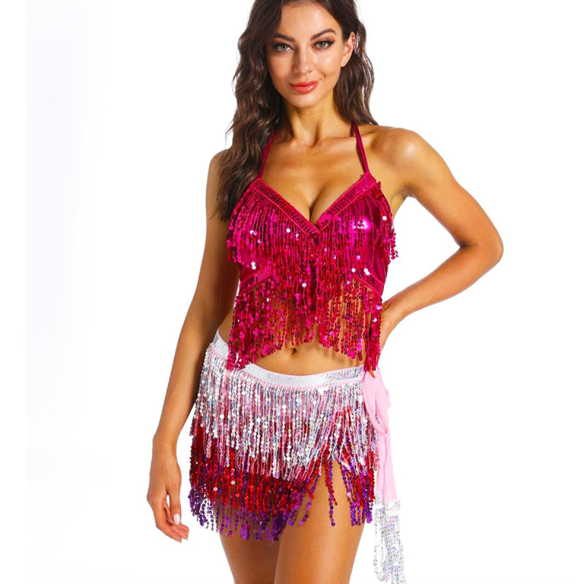 Sequins Top Belly Dancing Hip Scarf Fringe Oriental Dance Scarf Belt Costumes Indian Outfits Bra Belts 1 Set Performance Women