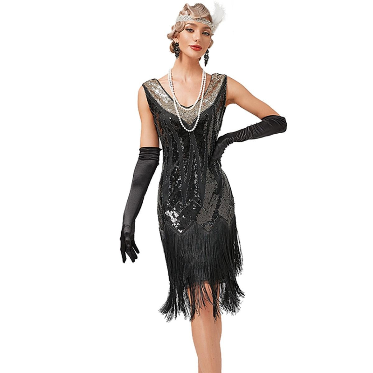 1920s Vintage Dress Beaded Sequin 30S Flapper Dresses Prom Wedding Women Vintage Dress V Neck Beaded Fringed Tassels