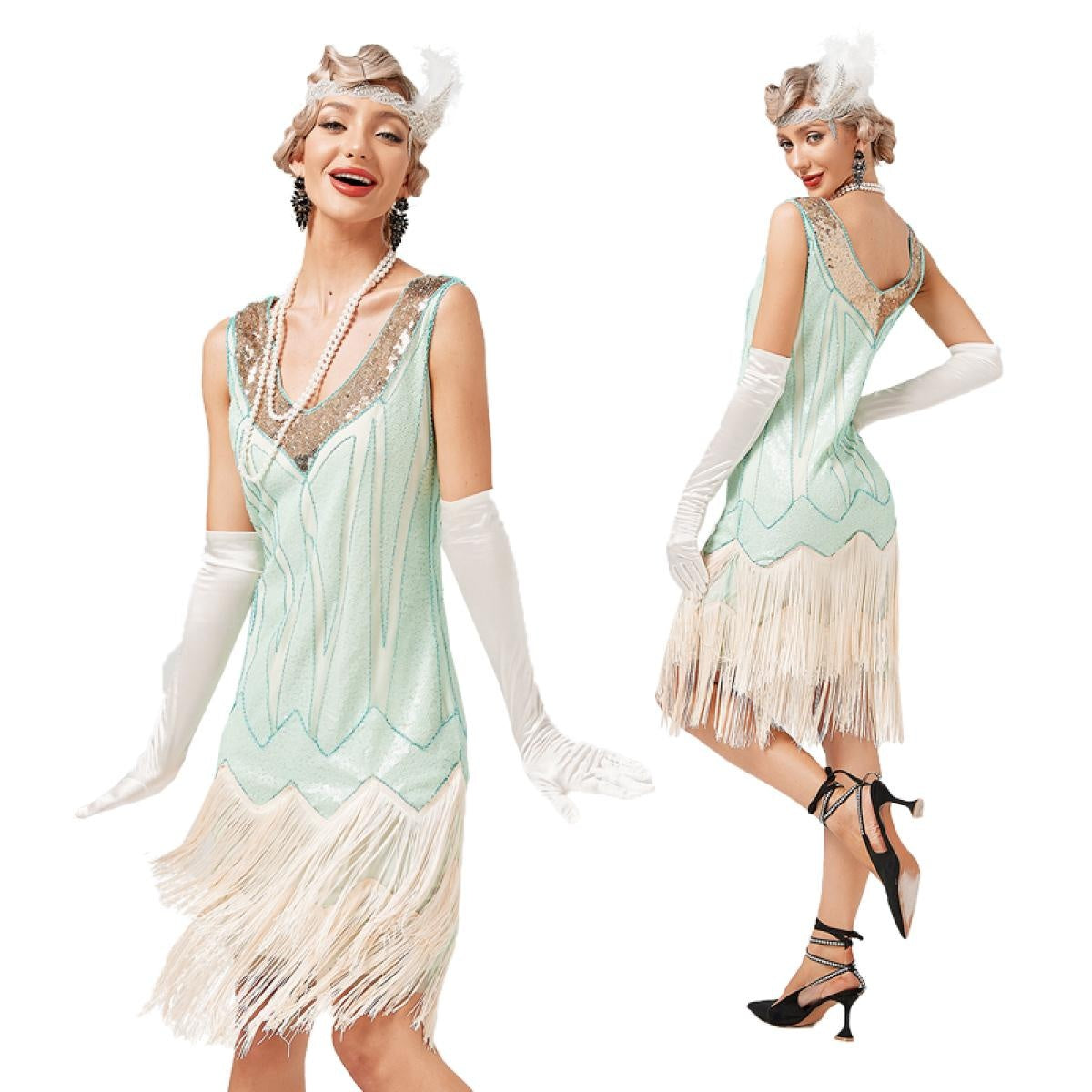 1920s Vintage Dress Beaded Sequin 30S Flapper Dresses Prom Wedding Women Vintage Dress V Neck Beaded Fringed Tassels