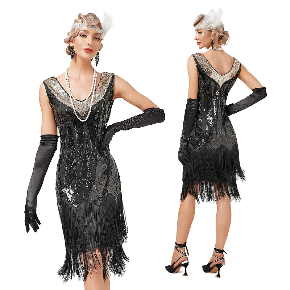 1920s Vintage Dress Beaded Sequin 30S Flapper Dresses Prom Wedding Women Vintage Dress V Neck Beaded Fringed Tassels