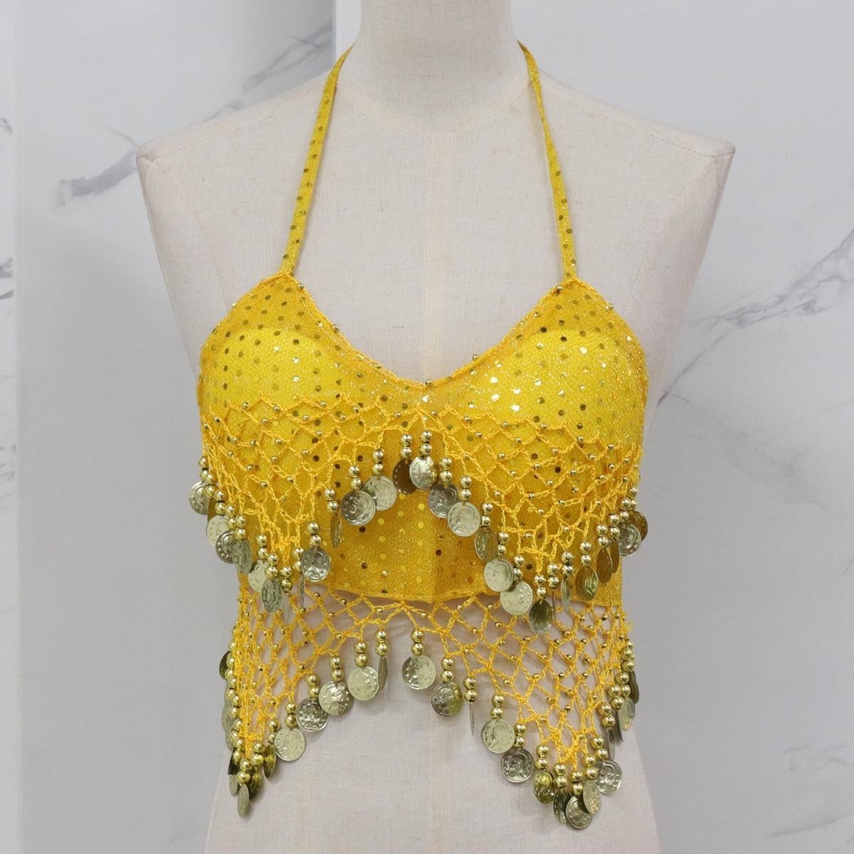 Lady's Belly Dance Bandage Coin Bra Top with Chest Pad