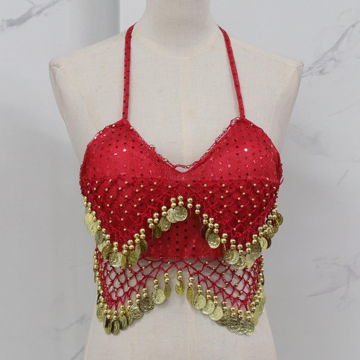 Lady's Belly Dance Bandage Coin Bra Top with Chest Pad