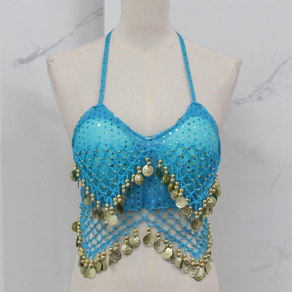 Lady's Belly Dance Bandage Coin Bra Top with Chest Pad