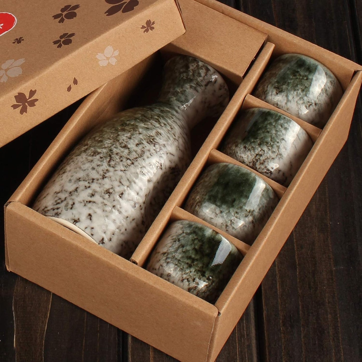 Japanese Sake Set Sake Cups Tokkuri Bottle 10oz 1PC and Ochoko Cups 1.7oz 4PCS Stoneware Mother's Day Gift (Emerald Green)