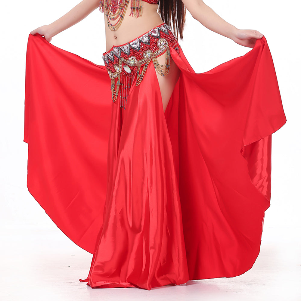 Professional Sexy Double Fork-tailed Double Split Satin Belly Dance Skirt Split Long Belly Dance Skirts