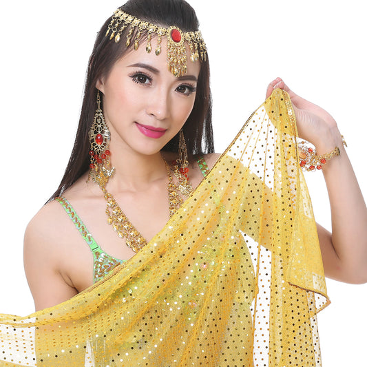 Shinning Spot Chiffon Hand Scarf, Stage Dancewear Scarf, Light Weight Belly Dance Shawls, Belly Dance Veils with Trim Gold