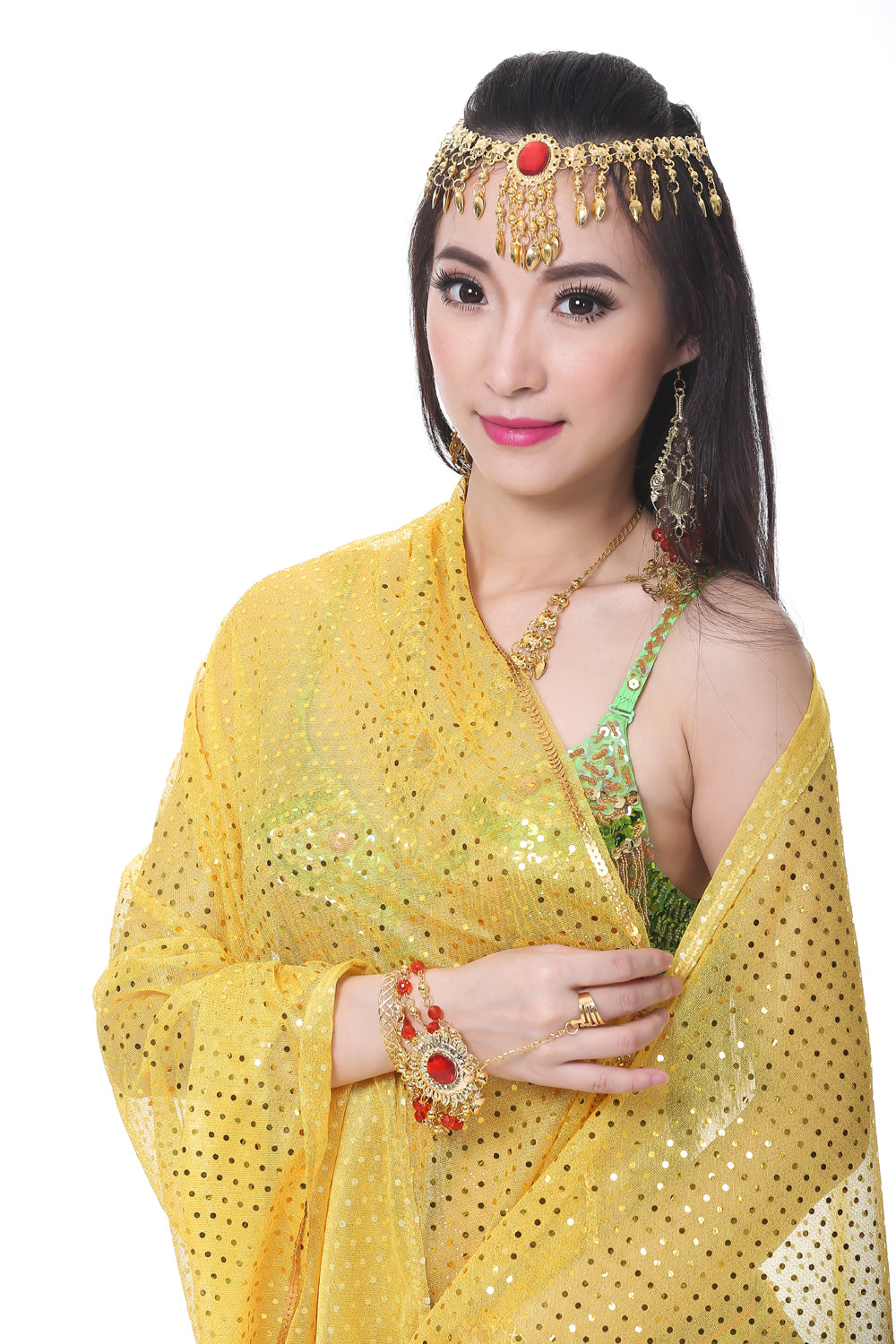 Shinning Spot Chiffon Hand Scarf, Stage Dancewear Scarf, Light Weight Belly Dance Shawls, Belly Dance Veils with Trim Gold