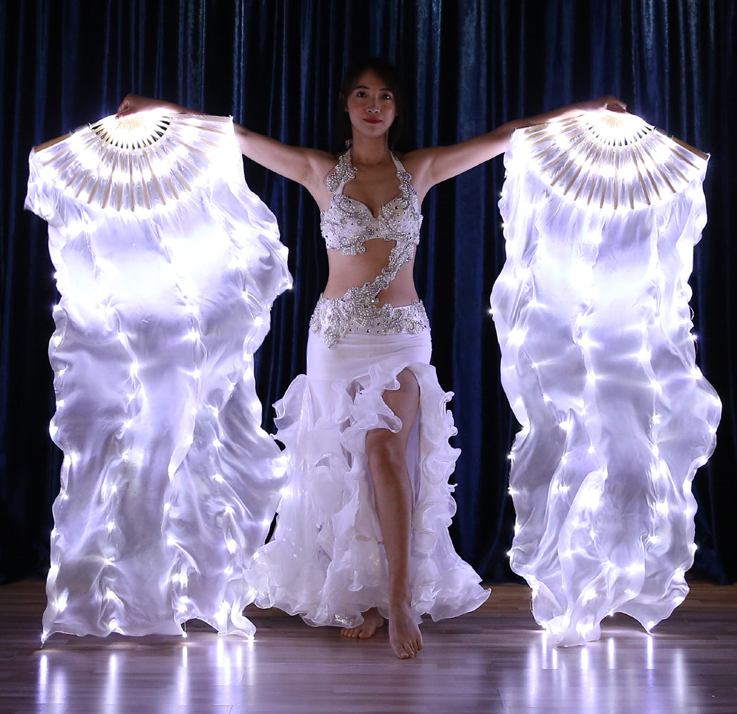 LED Fans Veil 100% Real Silk - 1.8m Long Bamboo Fans Veil Hand Made Silk Fans for Dance/Outdoor