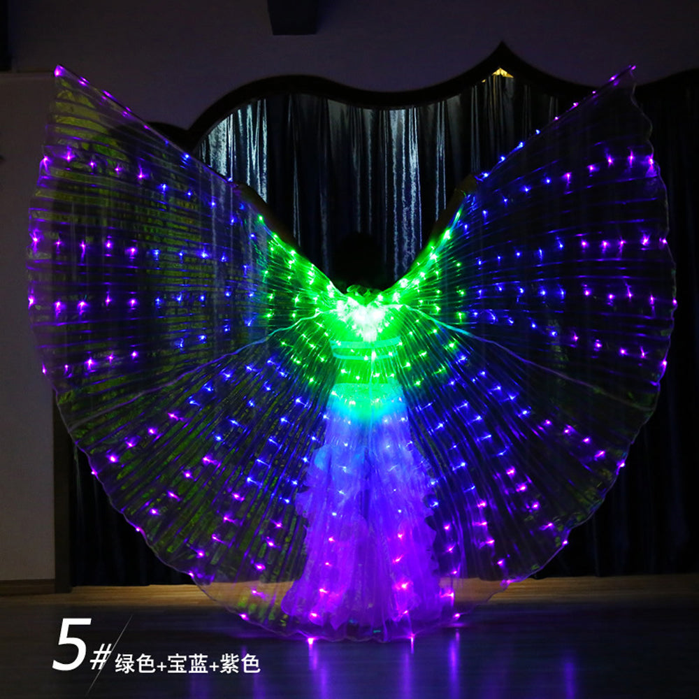 2023 Nouveautés Aile Isis LED dégradé tricolore - Ailes lumineuses de danse du ventre pour carnaval Halloween Party Club Wear avec bâtons télescopiques