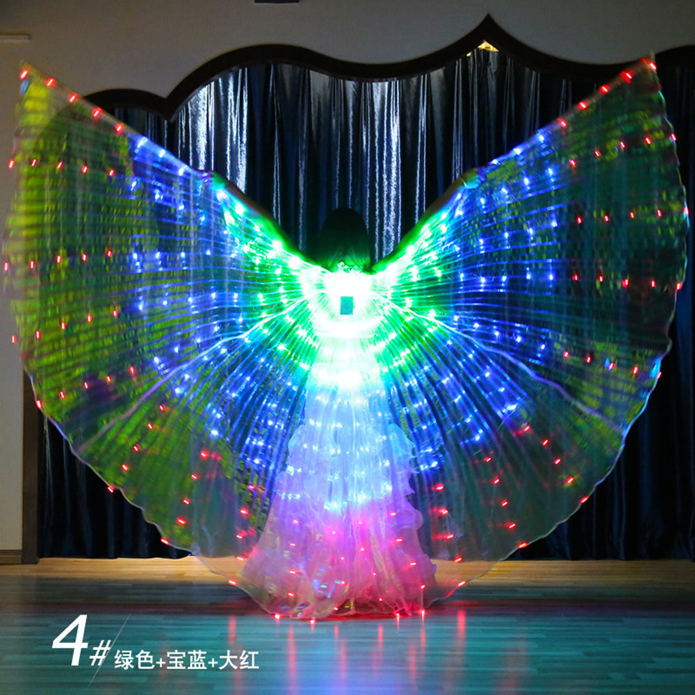 2023 Nouveautés Aile Isis LED dégradé tricolore - Ailes lumineuses de danse du ventre pour carnaval Halloween Party Club Wear avec bâtons télescopiques