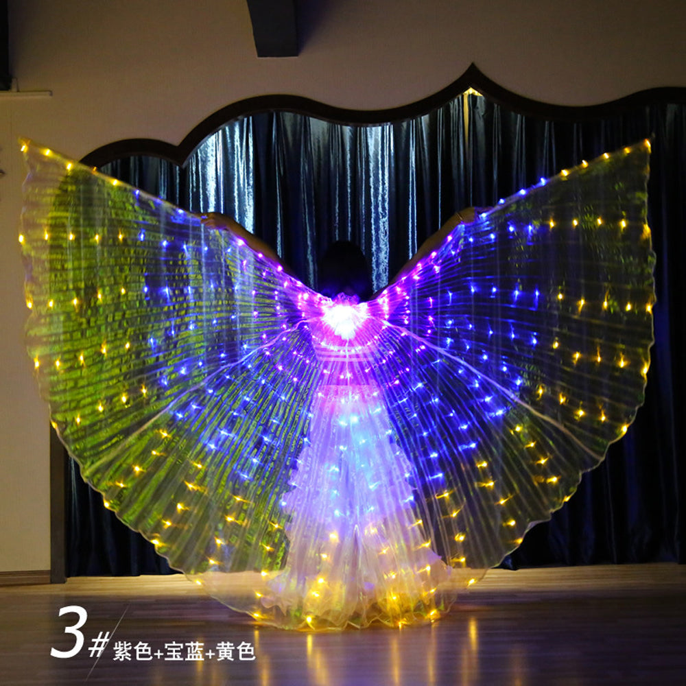 2023 Nouveautés Aile Isis LED dégradé tricolore - Ailes lumineuses de danse du ventre pour carnaval Halloween Party Club Wear avec bâtons télescopiques