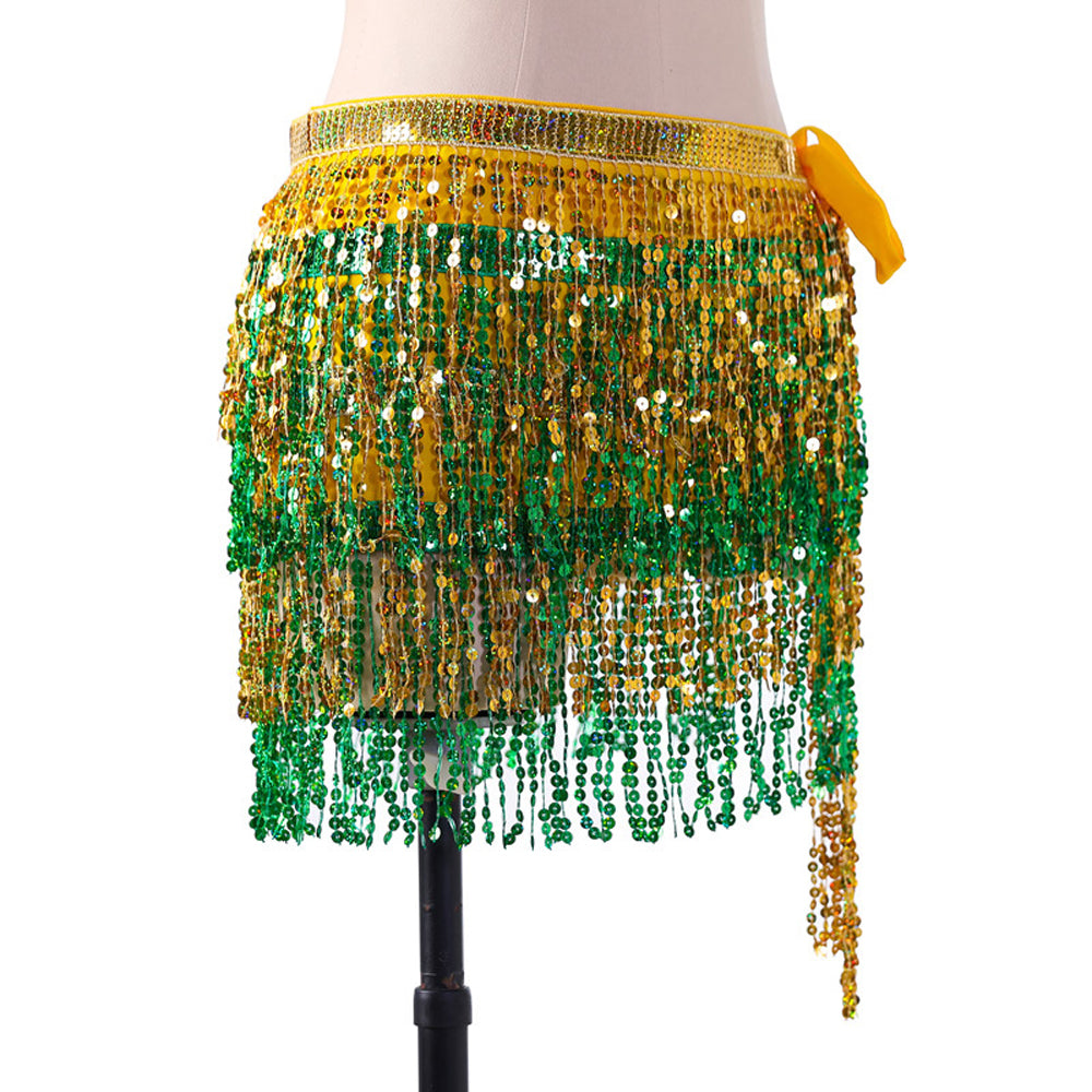 New Arrivals Sequined Fringed 4-Layers Drawstring Closure Belly Dance Waist Chain Skirt Hip Scarf Latin Skirt