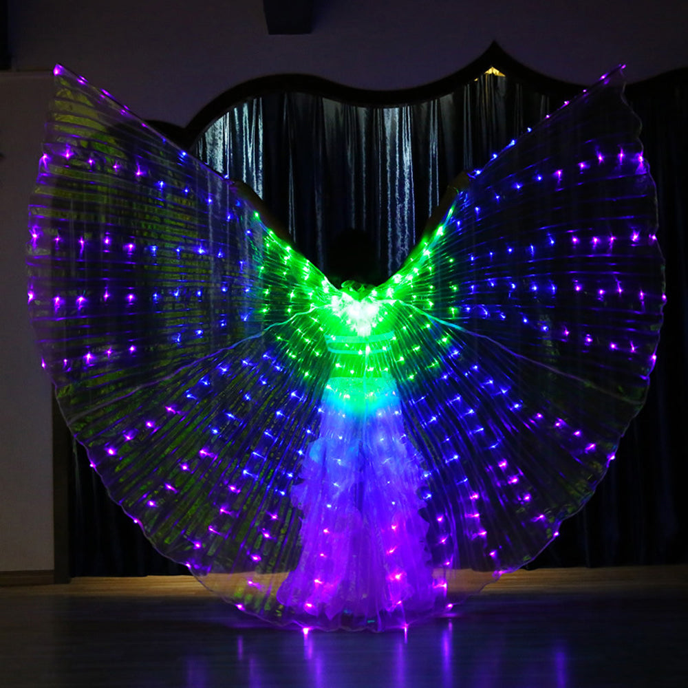 2023 Nouveautés Aile Isis LED dégradé tricolore - Ailes lumineuses de danse du ventre pour carnaval Halloween Party Club Wear avec bâtons télescopiques