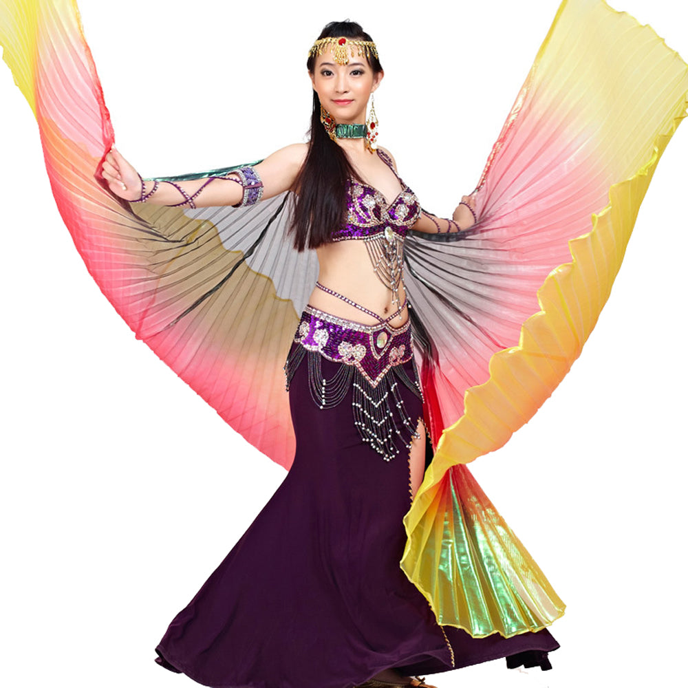 Nouveautés Costume de danse du ventre pour femme, ailes d'Isis, ailes de danse tricolores, ailes d'ange pour spectacle de carnaval d'Halloween avec bâtons